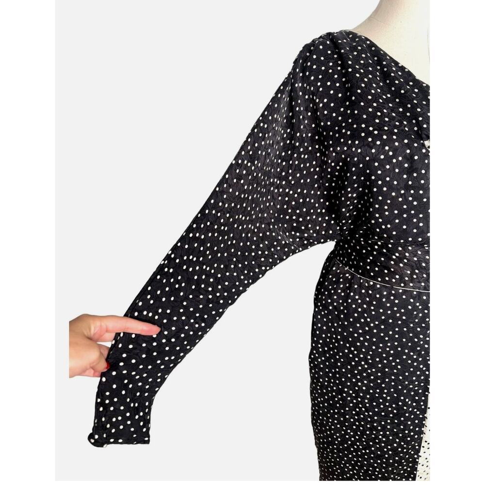 Flora Kung New York 8 100% Silk Polka Dot Dolman Sleeve Dress Black Cream 1980s - Picture 8 of 13